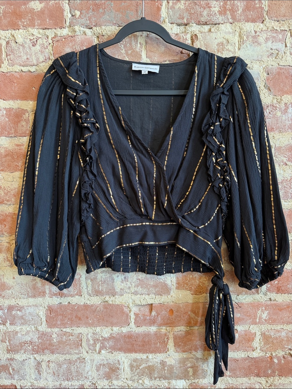 Karina Grimaldi Black Blouse with Gold Stripe Accents